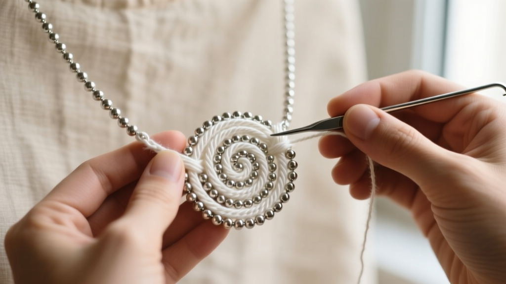 Steel crochet hook working with size 10 mercerized cotton thread and metallic seed beads to form a delicate spiral rope necklace