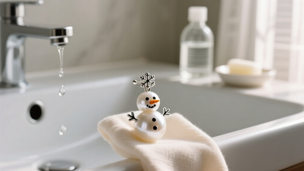 Soft cloth wiping the bottom pearl of a snowman earring, with distilled water and soap in a softly blurred background
