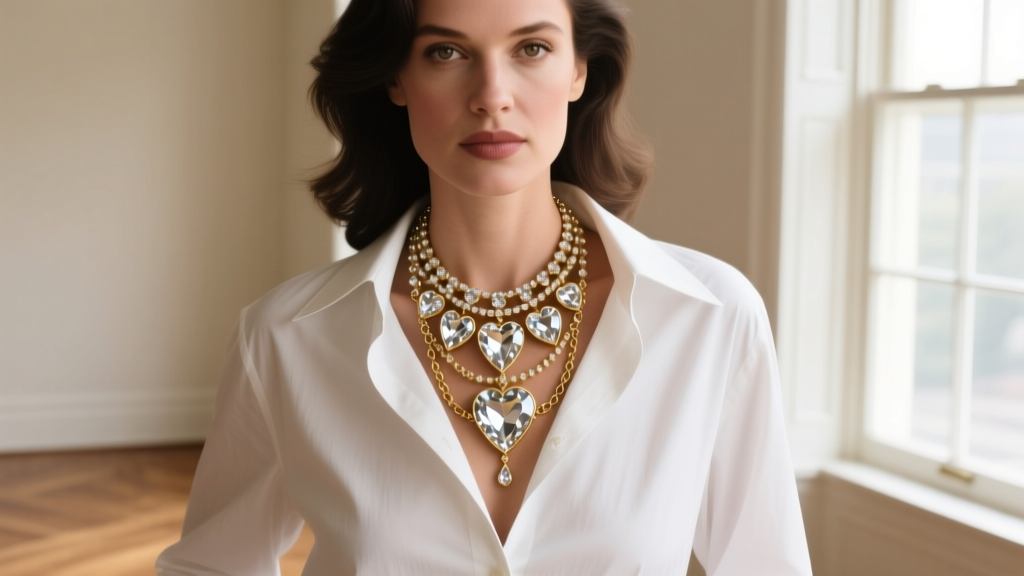 Woman wearing a layered Joan Rivers crystal heart necklace over a white button-down shirt, showing the vintage gold-tone finish.