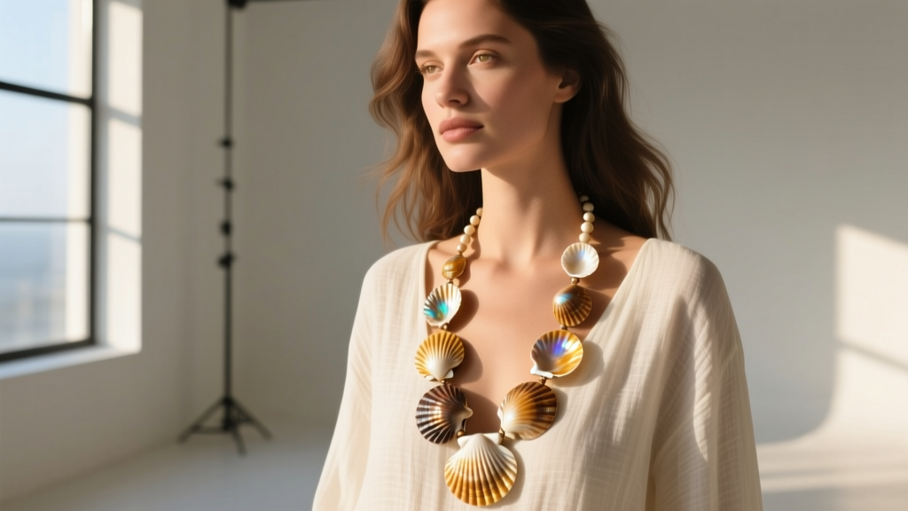 Woman wearing a long puka shell necklace over a linen top, sunlight highlighting the polished organic shell surface textures.