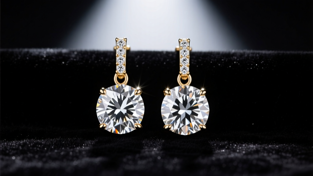 Close-up of elegant 18k white gold diamond dangling earrings resting on dark velvet, spotlight highlighting the faceted gems.