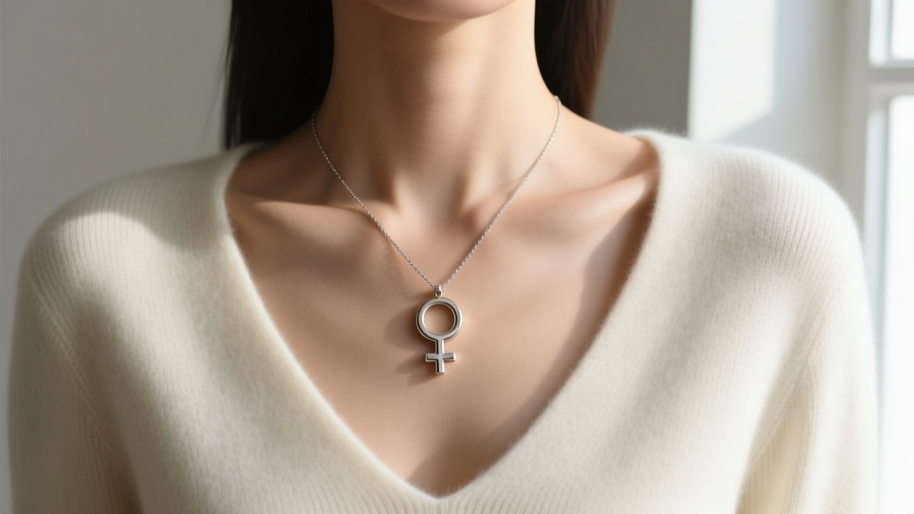 Editorial shot of a female gender symbol necklace over a V-neck sweater, focusing on the collarbone and pendant placement.