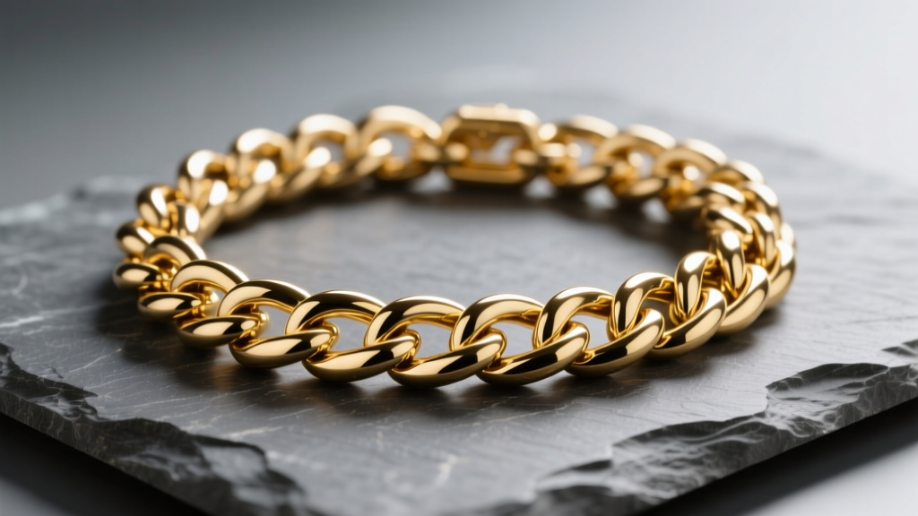 18k gold Cuban chain on slate, showing dense interlocking links and bright polish under soft, directional studio lighting.