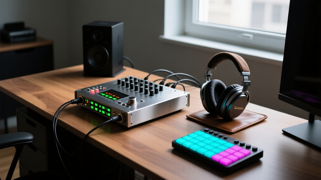 A dimly lit home studio desk featuring an audio interface, monitoring headphones, and a MIDI controller solving workflow issues