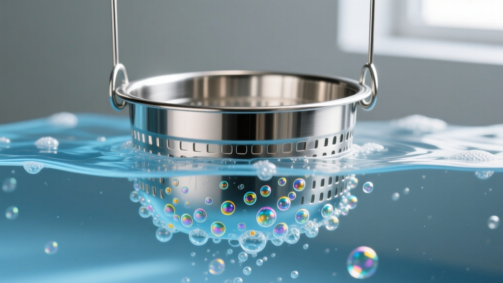 Stainless steel ultrasonic cleaner basket submerged in soapy water with tiny cavitation bubbles under bright lighting