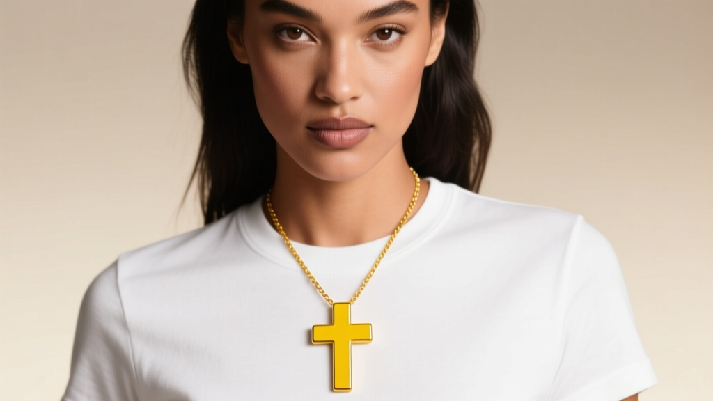 Model wearing a bold 3-inch solid yellow gold big cross necklace over a plain white crewneck t-shirt, shot in soft studio lighting