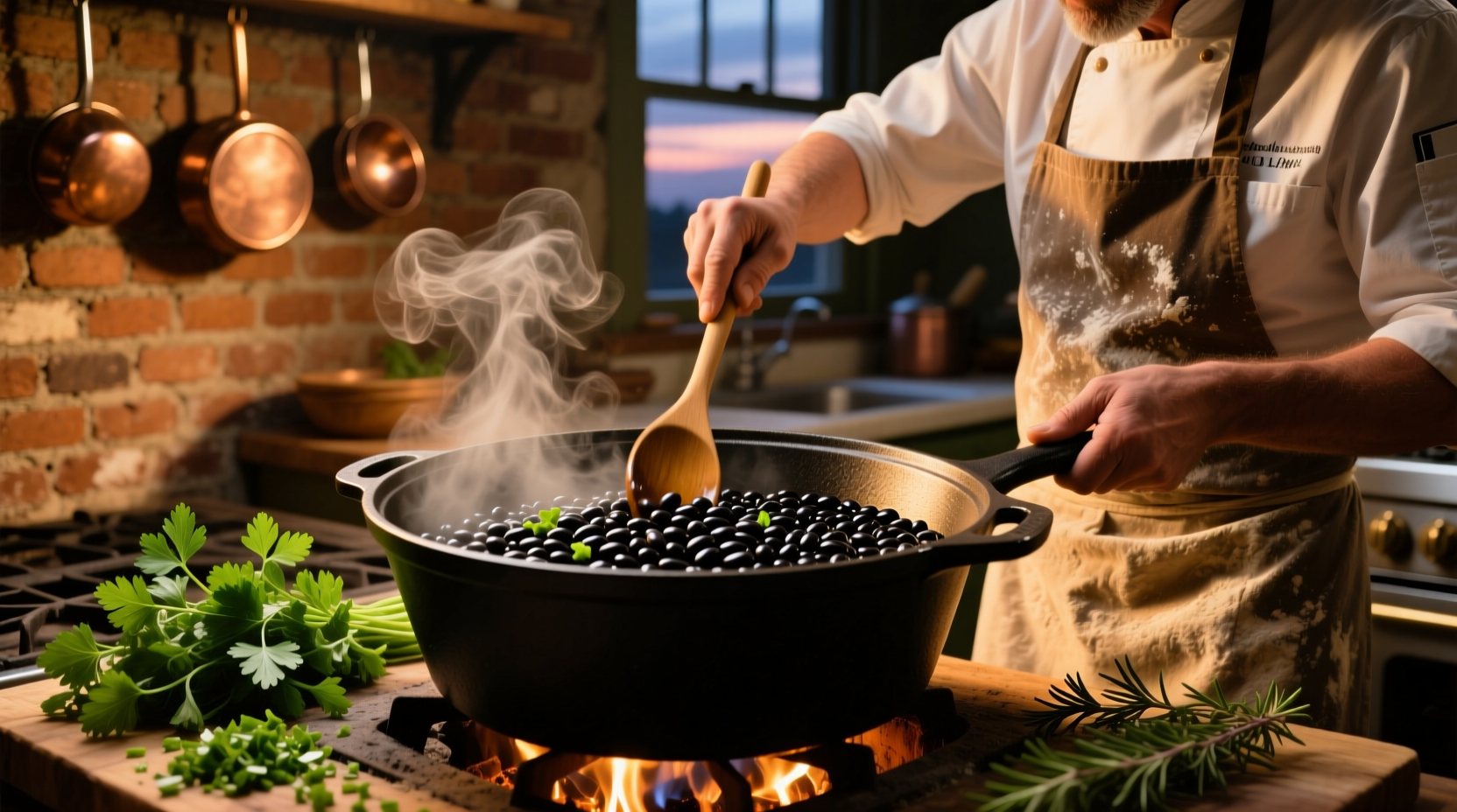 Chef stirring black beans in cast iron pot with fresh herbs