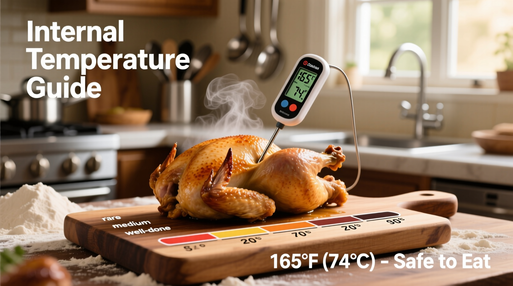 Chicken cooking temperature chart with thermometer