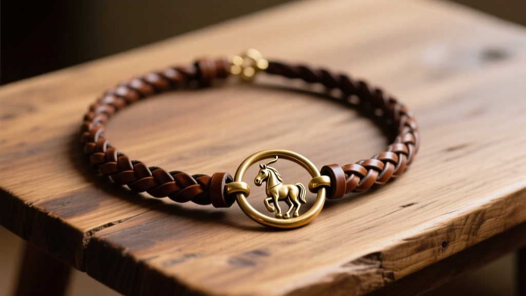 Flat lay of a vintage Ralph Lauren braided leather necklace with a heavy brass equestrian bit pendant on a rustic oak table