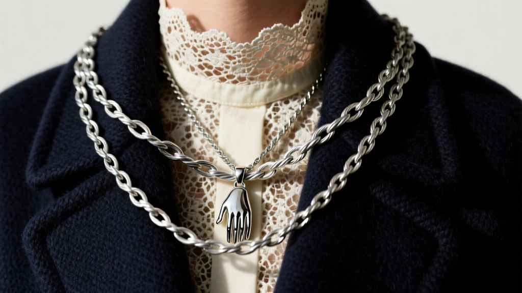 Layered 16-inch cable and 18-inch rope chains with a silver hand pendant, styled over a vintage lace collar and dark wool coat.