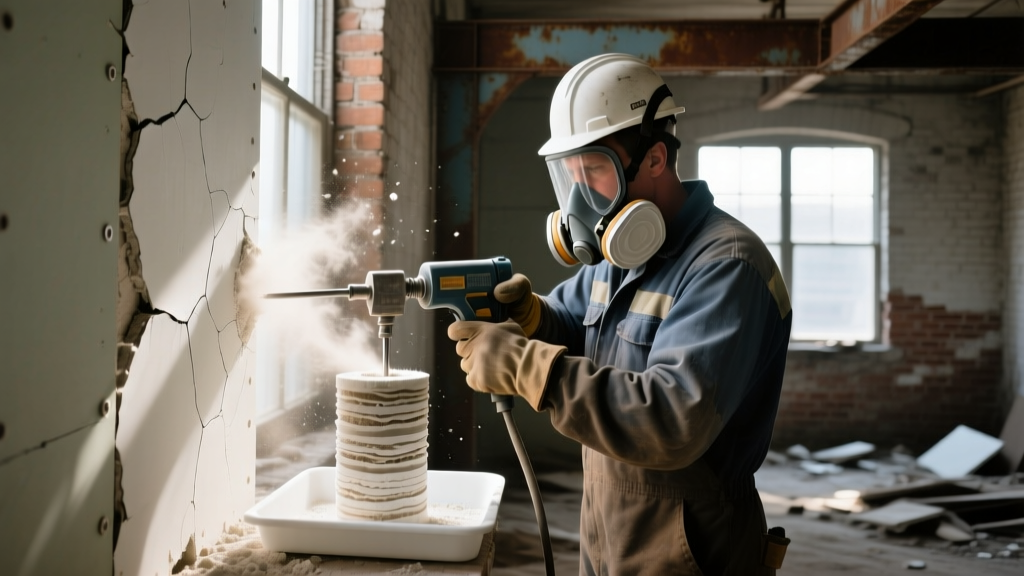Contractor in protective respirator extracting a core sample from vintage 1960s gypsum drywall for laboratory asbestos testing
