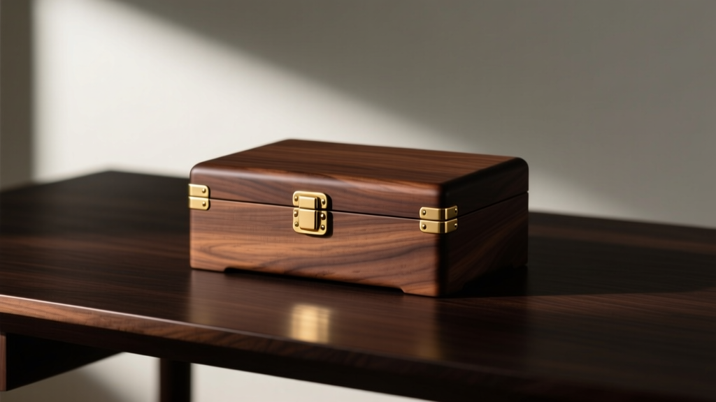 Polished solid walnut jewelry box with brass hinges on a dark oak desk, soft directional lighting highlighting the rich wood grain