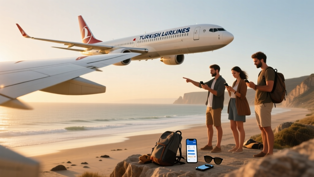 The wing of a plane with the Turkish airlines logo, flying high over a shoreline