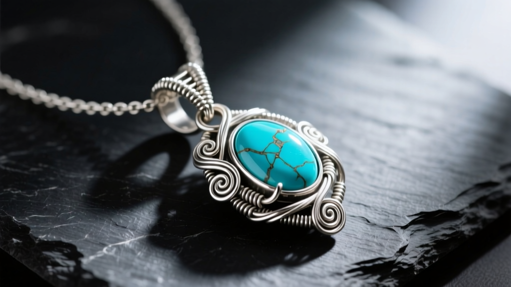Close-up of a handcrafted sterling silver and turquoise artisan pendant necklace on dark slate, highlighting wire wrapping
