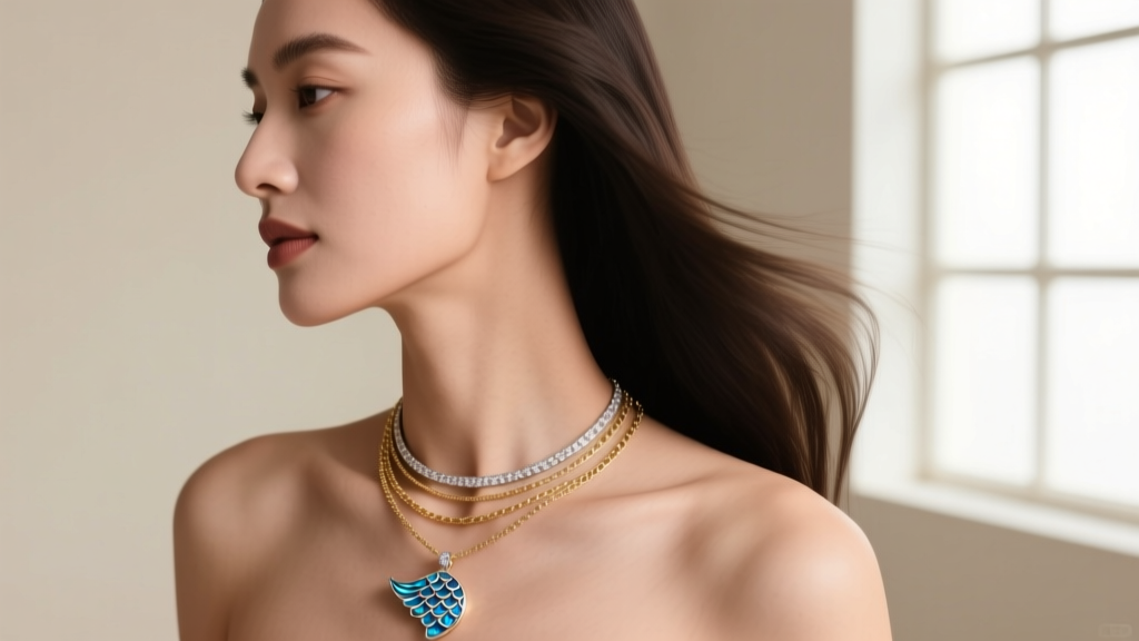Side profile of a woman wearing a layered necklace set, highlighting a mermaid pendant resting just above a delicate gold chain