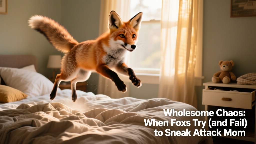Fox mid-leap onto a rumpled bed, front paws airborne, tail fully fluffed