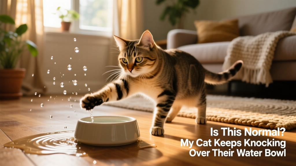 Cat playfully batting at a water bowl on the floor, with droplets mid-air
