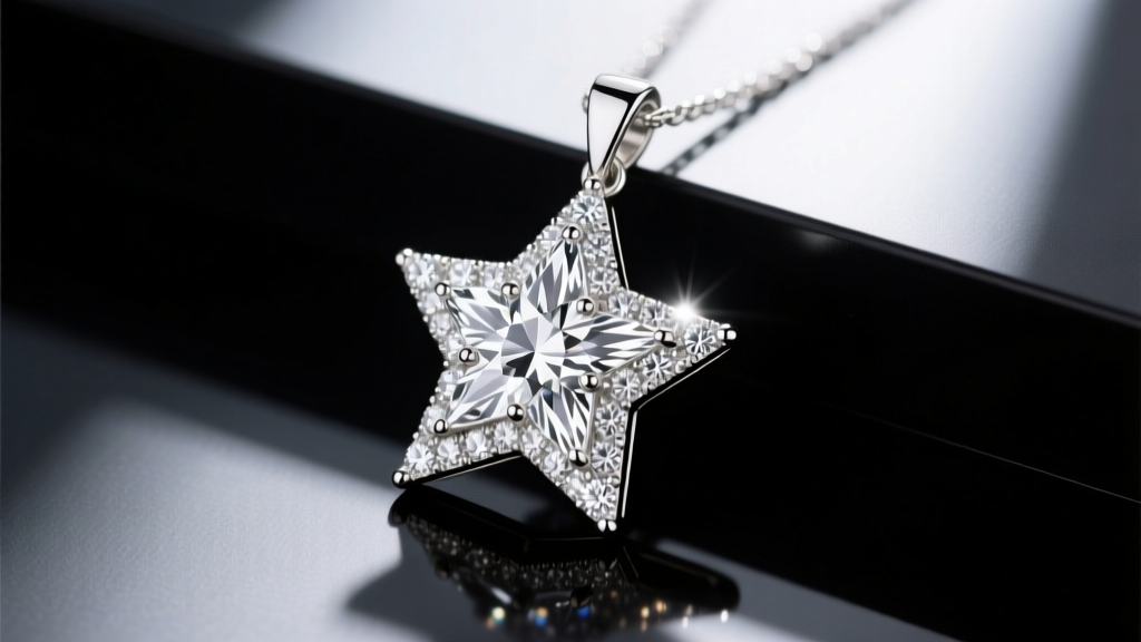 14k white gold star pendant with pave-set full-cut melee diamonds, photographed above to emphasize light refraction and sparkle.