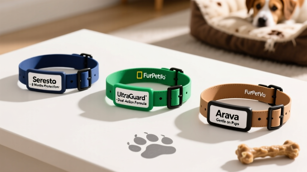 Side-by-side comparison of three FurPetVo flea collars: Seresto (blue), UltraGuard (green), and Arava (tan), laid on a clean white surface