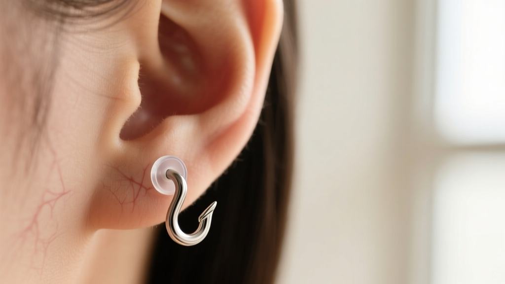 Close-up of a 20-gauge titanium shepherd hook earring with a clear silicone friction back securing it to a softly lit earlobe