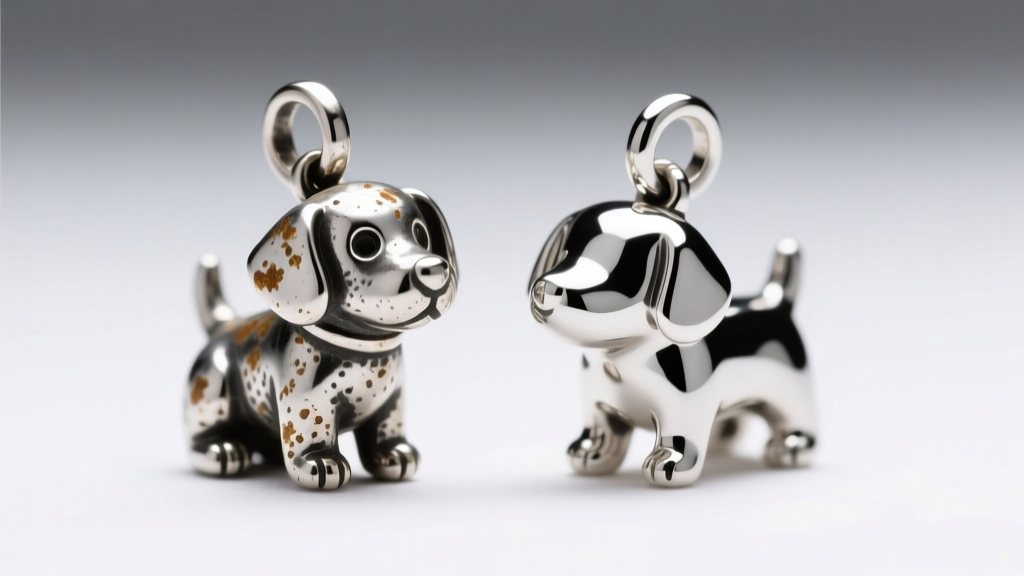 Macro shot comparing a tarnished sterling silver puppy charm beside a pristine rhodium-plated version under bright studio lighting