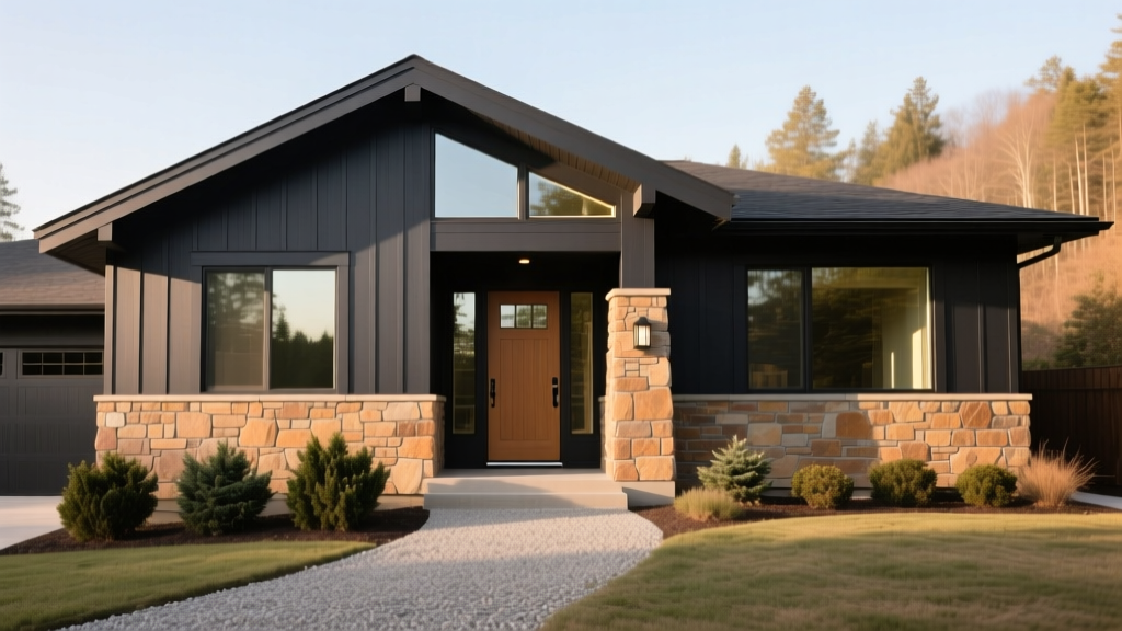 Exterior of a modern craftsman home featuring warm-toned manufactured fieldstone veneer wainscoting paired with dark charcoal horizontal siding