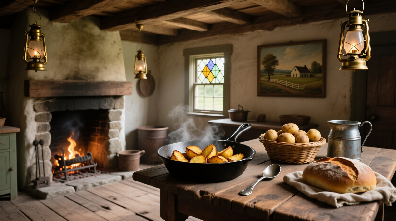 Vintage 19th century kitchen with potatoes and frying pan