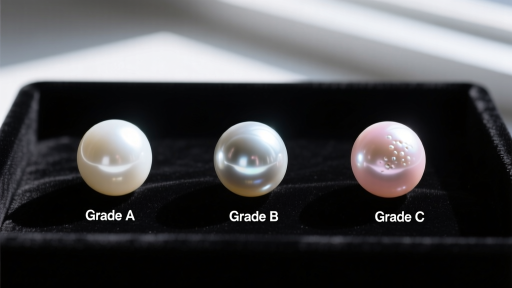 Macro photography comparing three pearl grades showing distinct differences in luster and surface blemishes on a dark velvet tray