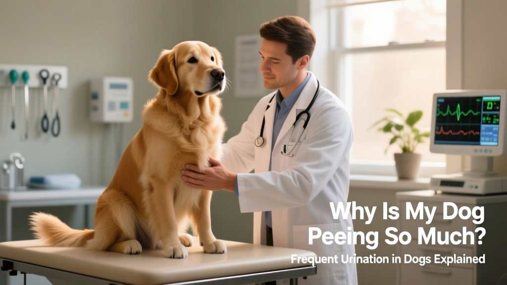 A veterinarian gently examining a calm, seated dog during a wellness check