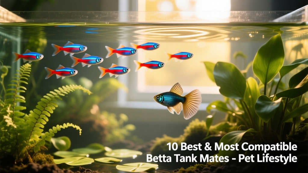 School of neon tetras gliding past a betta near the surface in a well-planted aquarium