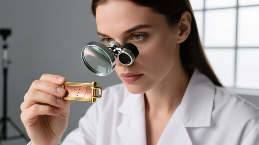 Jeweler inspecting a 14k gold clasp through a 10x loupe, revealing a faint copper undertone on the worn metal surface.