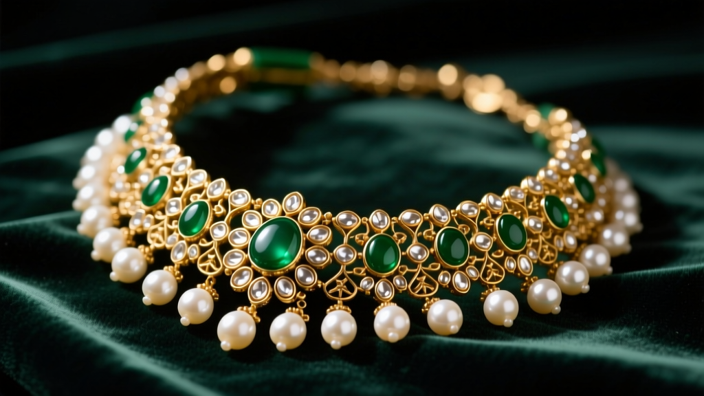 Close-up of an intricate Indian pearl choker necklace with Kundan gold settings resting on dark emerald velvet, studio lighting
