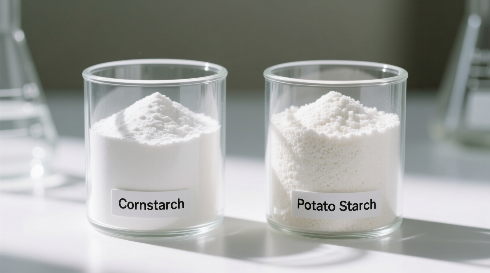 Cornstarch and potato starch side-by-side in clear containers