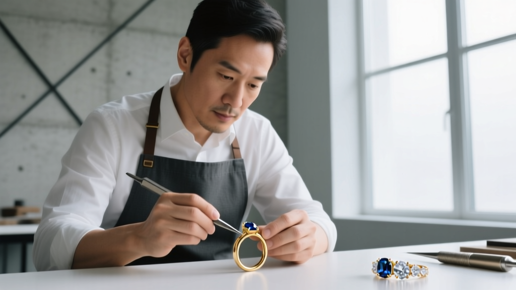 A jeweler's loupe inspecting a tiny 750 hallmark stamped on the post of a vintage gold tassel earring against a blurred workshop.