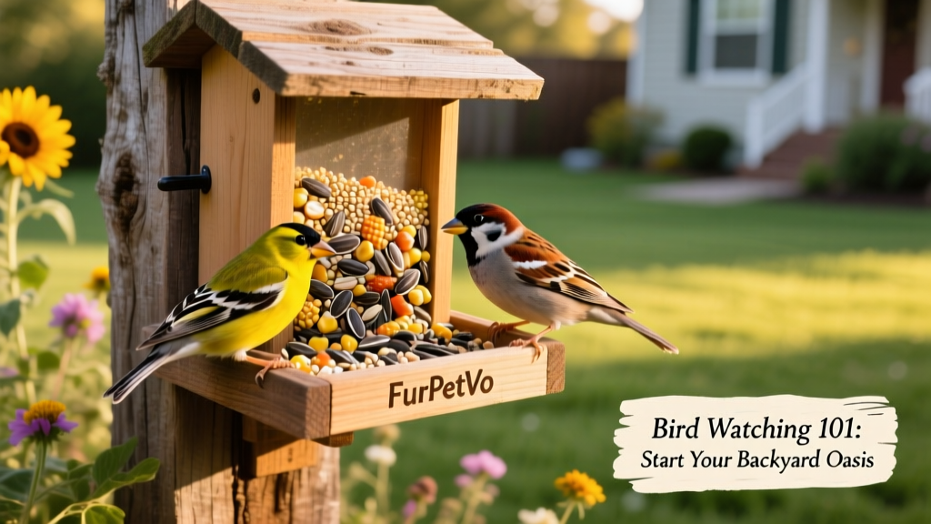 Close-up of several songbirds feeding at a FurPetVo feeder filled with mixed seeds