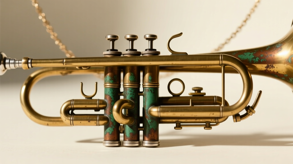 Close-up of a brass trombone clasp on a European necklace, revealing the push-pull friction tube mechanism and oxidized patina.