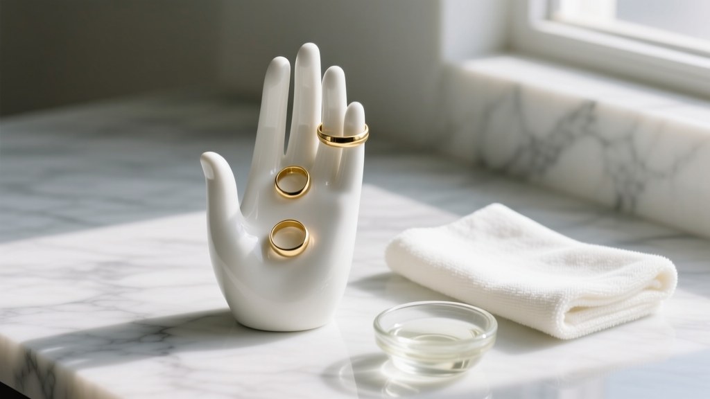 White ceramic hand jewelry holder displaying gold rings on marble, lit by soft light, beside a microfiber cloth and mild dish soap