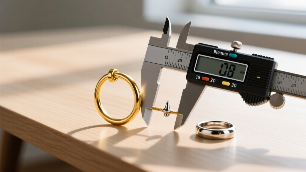 Digital calipers measuring the wire of an 18-gauge gold cartilage hoop beside a 20-gauge titanium nostril ring on a wooden desk