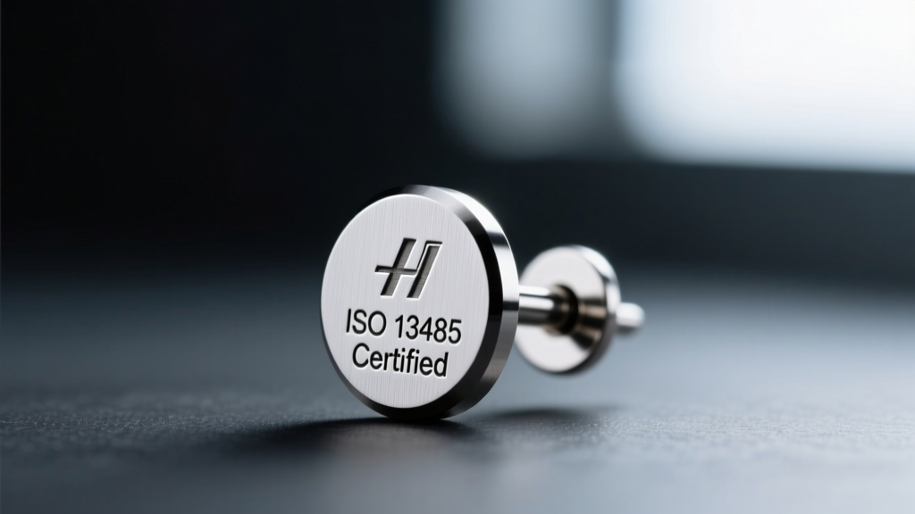 Close-up of an implant-grade titanium earring post showing a laser-engraved hallmark against a softly blurred dark background.