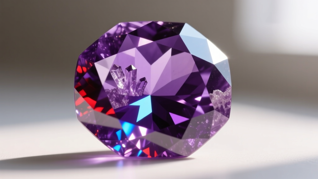 Macro photography of a Siberian grade amethyst gemstone showing rich violet saturation with subtle red and blue flashes.
