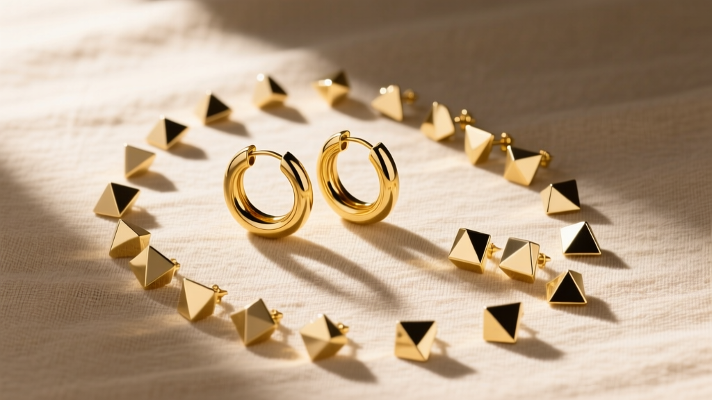 Flat-lay of Vince Camuto gold huggie hoops and geometric studs arranged neatly on a textured beige linen fabric background.