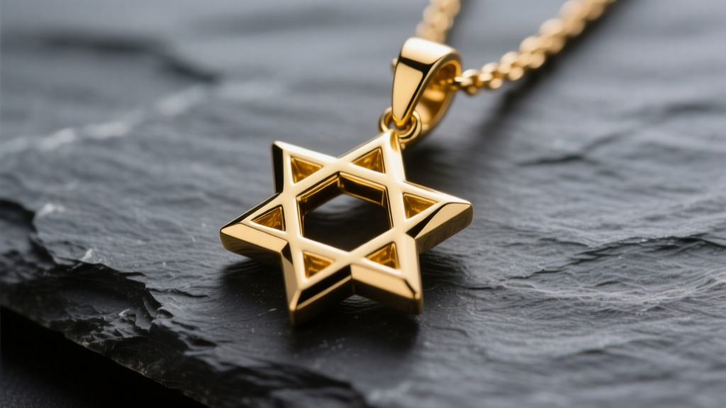 Macro shot of a 14k yellow gold Star of David pendant on dark slate, highlighting beveled edges under soft studio lighting
