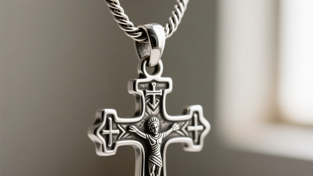 Macro shot of a 3mm sterling silver rope chain threading through the large bail of a heavy Ethiopian Coptic cross pendant.