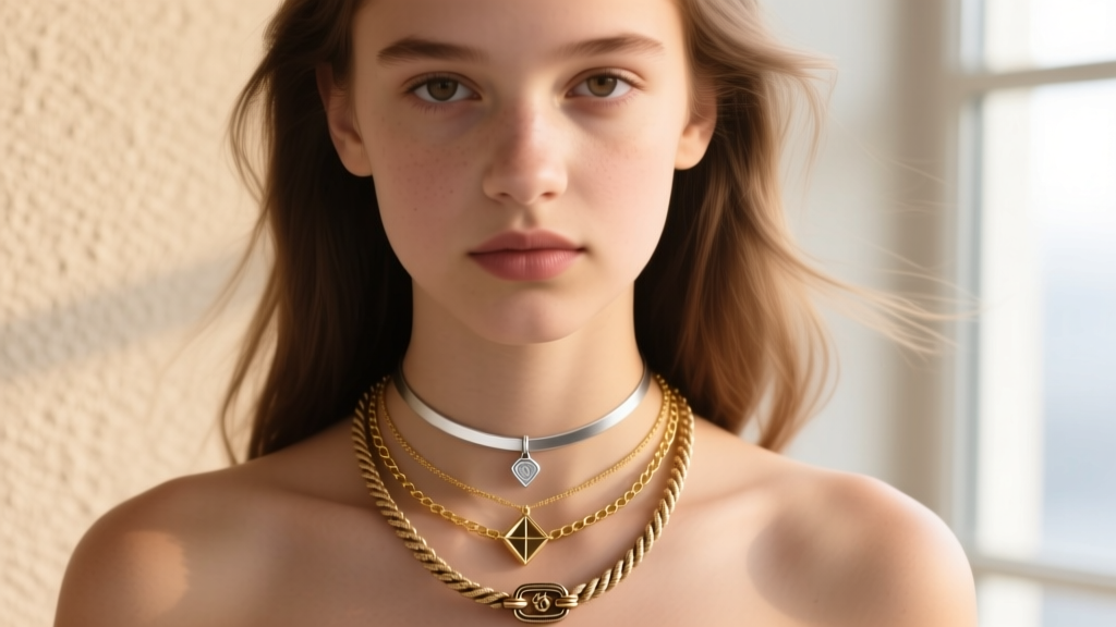 Close-up portrait of a teen styling a three-layer necklace stack with a 16-inch choker, 18-inch pendant, and 20-inch rope chain.