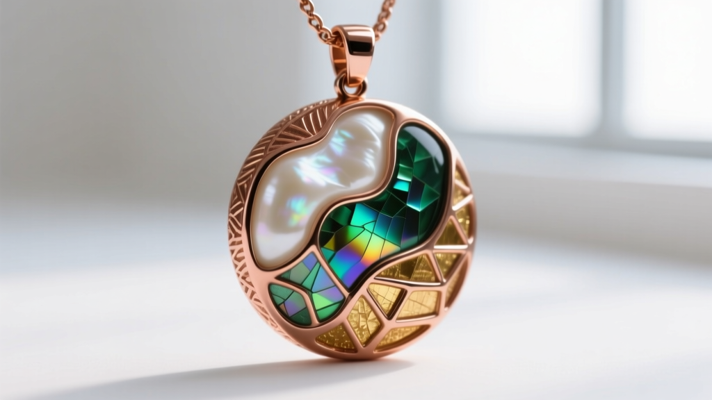Macro close-up of a cured metallic copper polymer clay pendant showing an intricate 3D carved mica shift holographic illusion