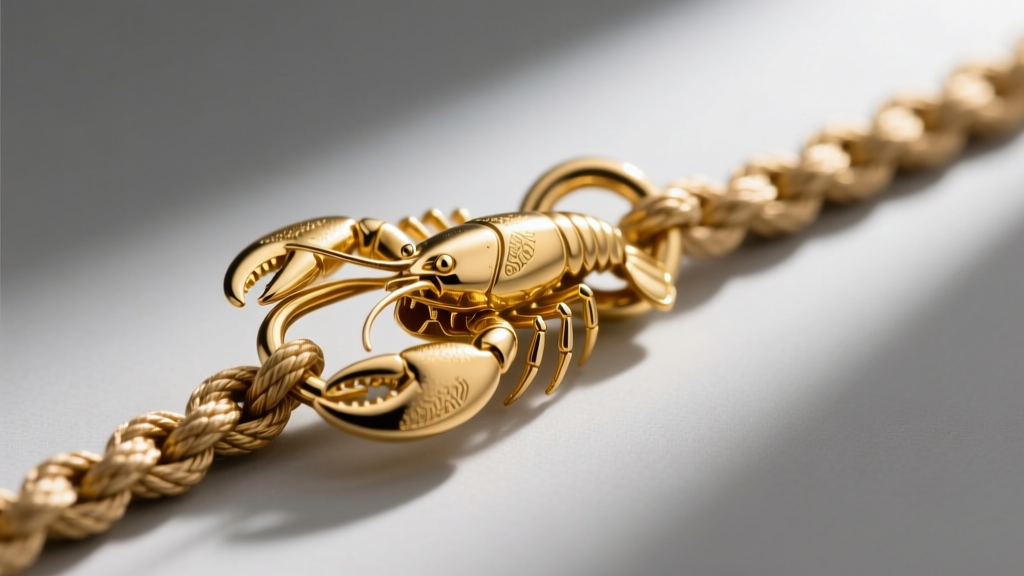 Macro shot of a 14k gold lobster clasp attached to a soldered jump ring on a thick rope chain against a neutral grey background.