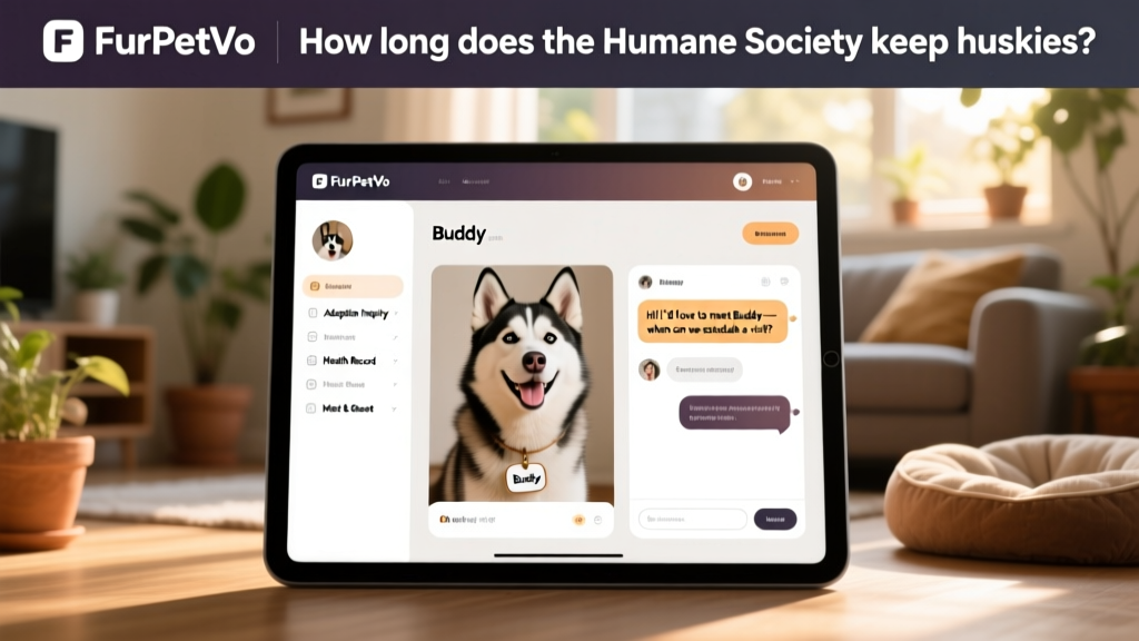 Screenshot-style graphic showing a clean, user-friendly FurPetVo dashboard with profile preview, application list, and messaging interface