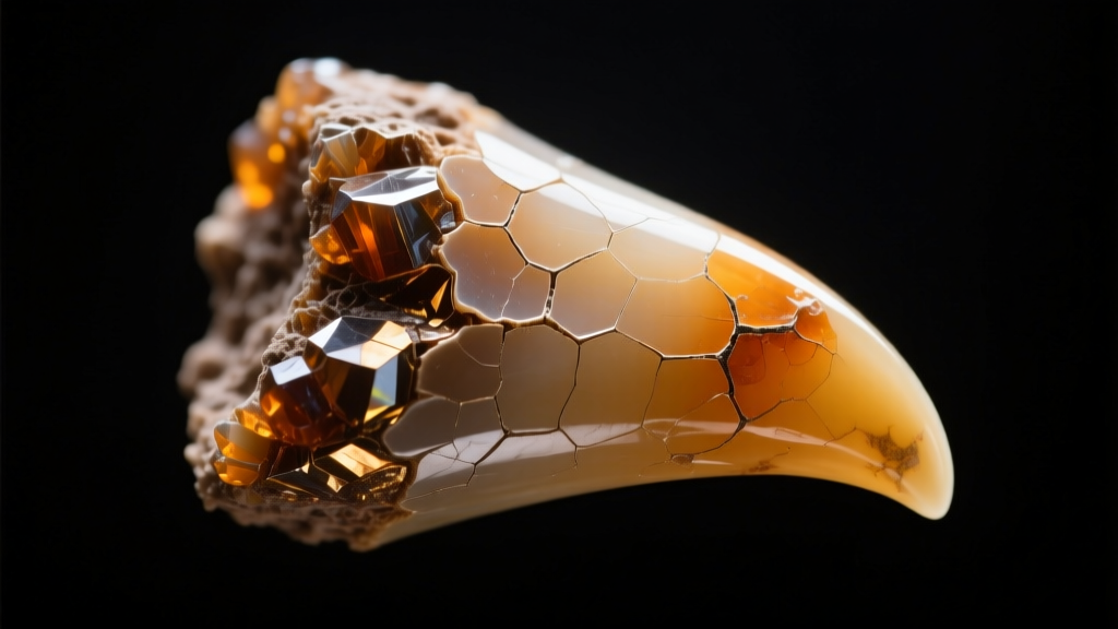 Macro photo of real fossilized dinosaur tooth enamel showing natural micro-fractures under bright LED gemological light.