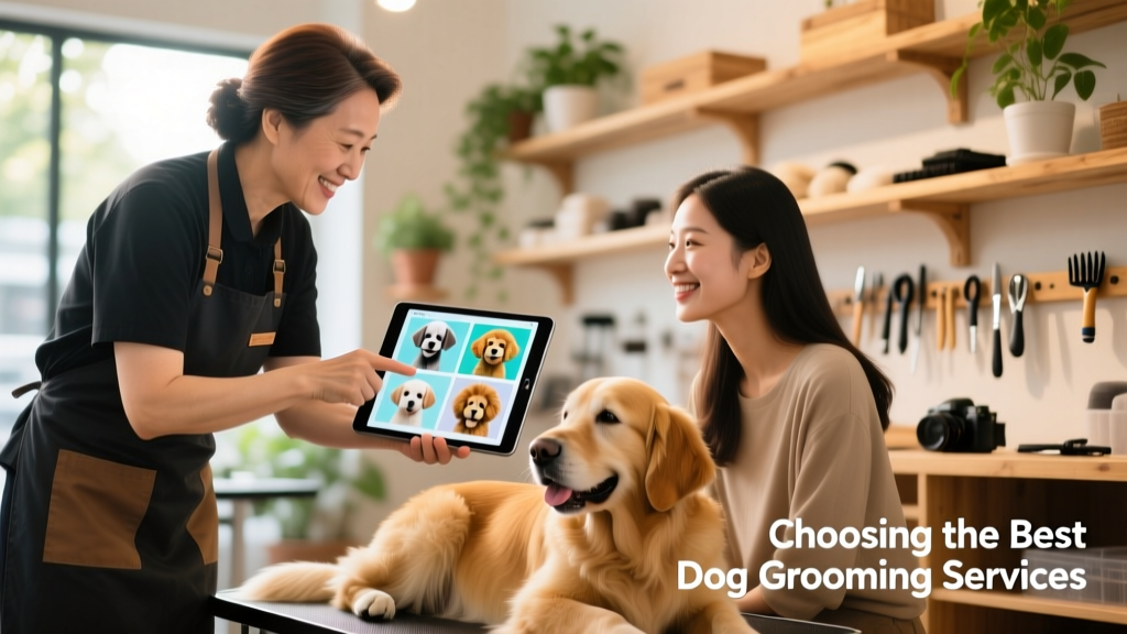 A groomer gently showing a client photos of different dog haircut styles on a tablet