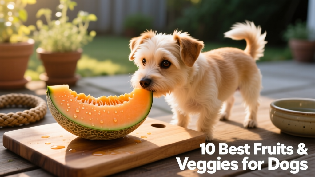 A fresh cantaloupe slice next to a small dog sniffing it curiously